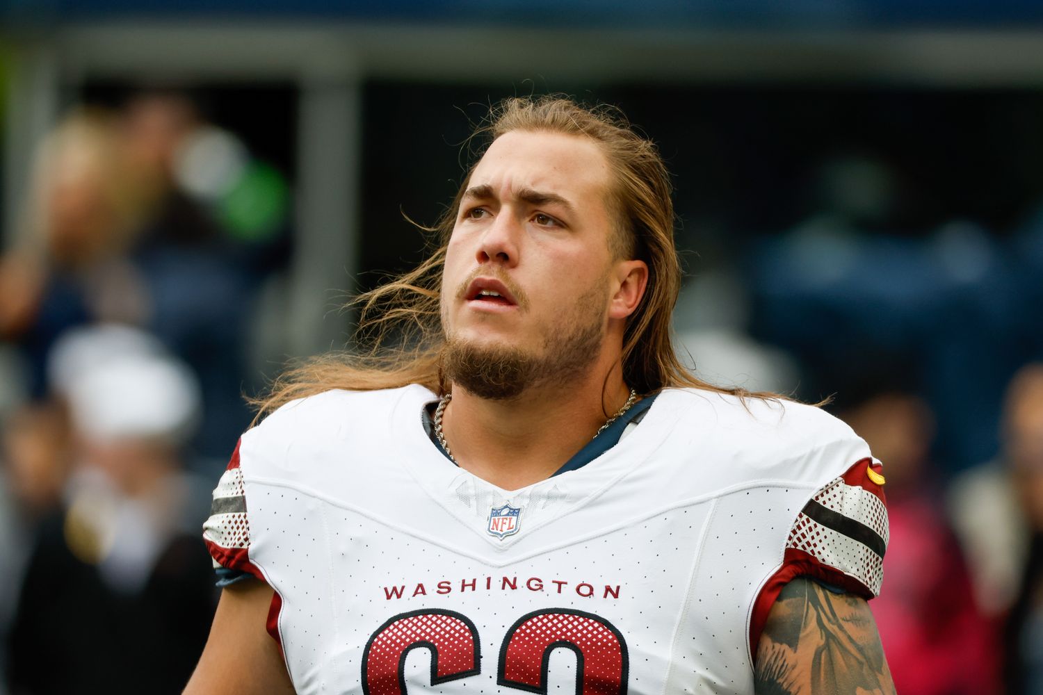 Washington Commanders center Nick Gates (63) participates in pregame warmups against the Seattle Seahawks at Lumen Field. Mandatory Credit: Joe Nicholson-USA TODAY Sports